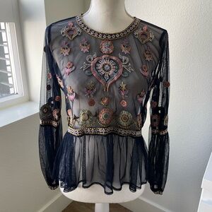 Embroidered Sheer Navy Top - Size S